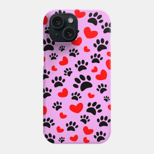 Black Dog Paws Red Hearts Pattern On Pink Phone Case