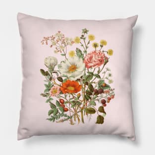 Rose & Wildflowers Vintage Botanical Illustration Pillow