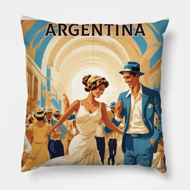 Street Tango Dancing Argentina Vintage Tourism Poster Pillow by TravelersGems