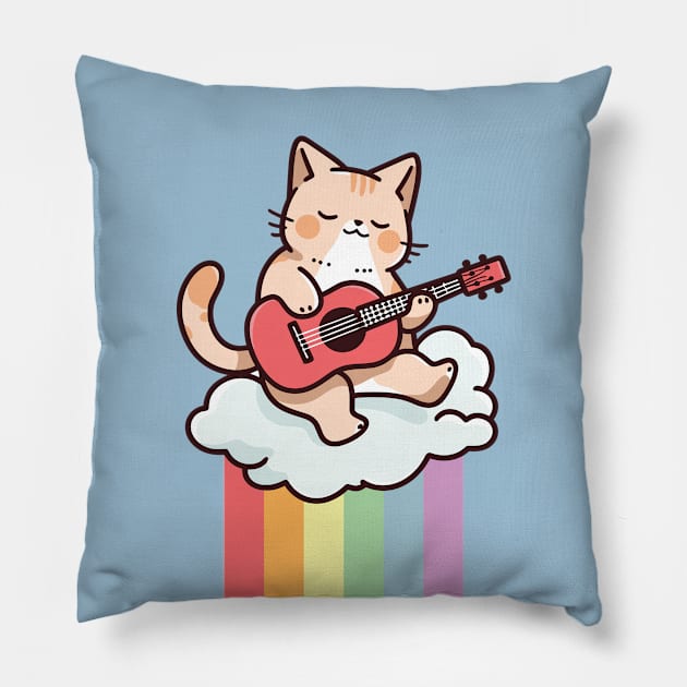 Rainbow Cat Ukulele on Clouds - It's Gonna Be Uke Pillow by Lunatic Bear