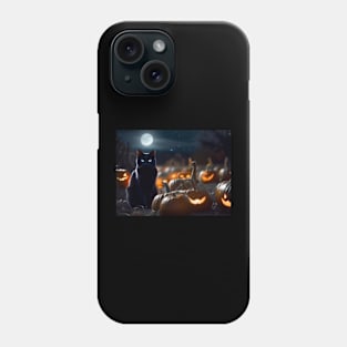 Black cat in pumpkin patch on Halloween night Phone Case