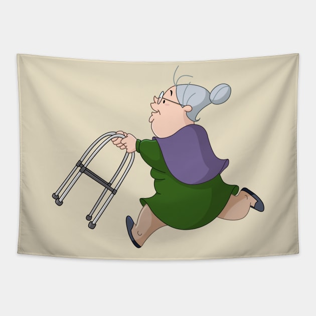 Old Woman Running with Walker Tapestry by DigiToonsTreasures