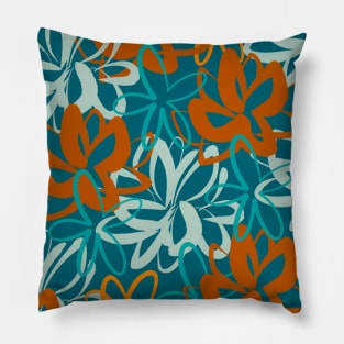 Lotus Garden Painted Floral Abstract in Aqua, Turquoise, Orange, Rust, and Teal Pillow