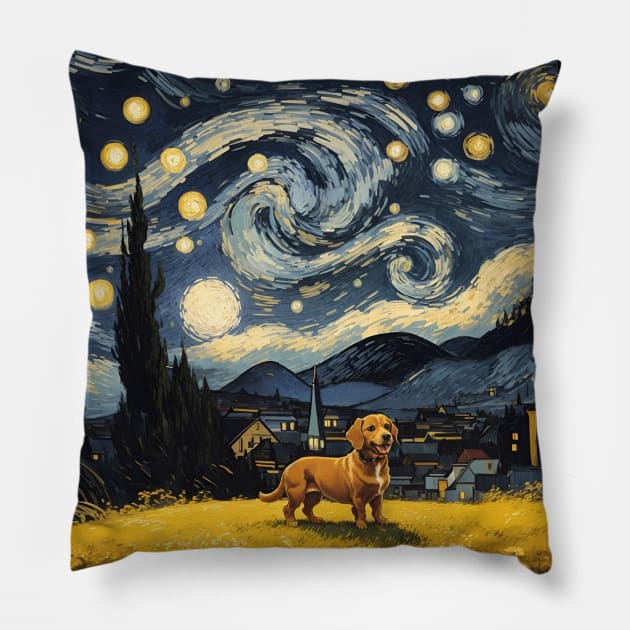 Starry Night Dachshund  Dog , Van Gogh Dachshund Art Pillow by VisionDesigner