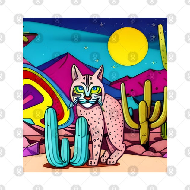 An Ai retro psychedelic bobcat in the desert by nancy.hajjar@yahoo.com