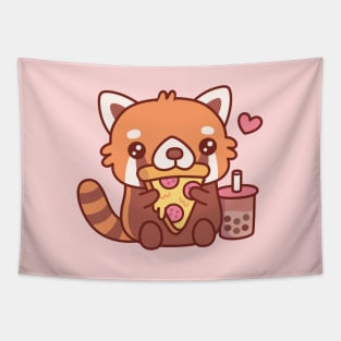 Cute Little Red Panda Loves Eating Pepperoni Pizza Tapestry