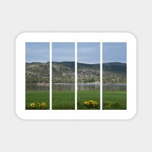 Wonderful landscapes in Norway. Vestland. Beautiful scenery of wooden cabins with grass on the roof, reflecting in the lake in a sunny summer day. Yellow flowers in foreground Magnet