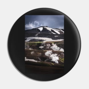 Mountains seen on Laugavegur Hiking Trail with Steamy River in Iceland Pin