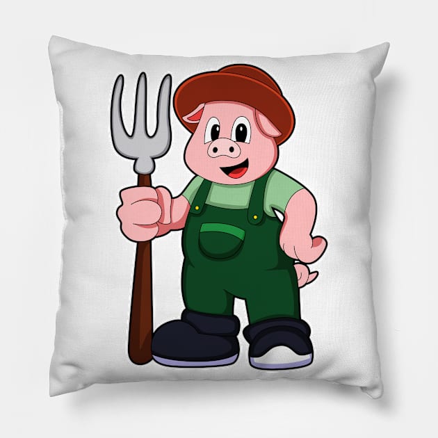 Pig at Farmer with Rake Pillow by Markus Schnabel