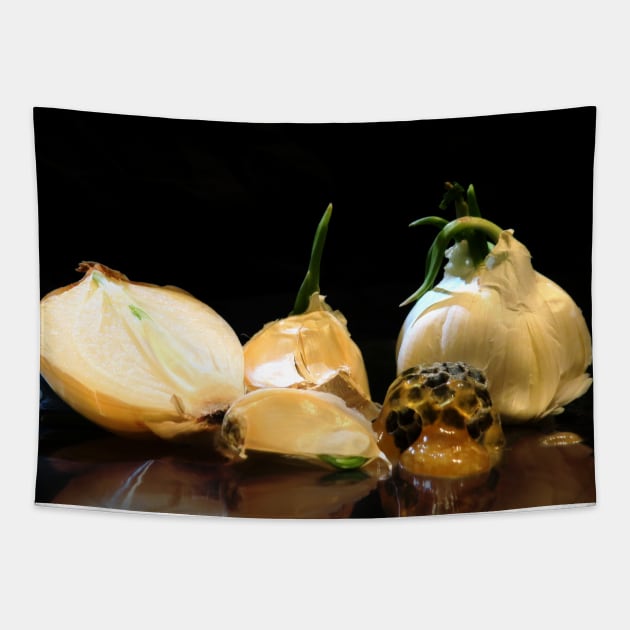 Garlic, Onion, and Honey - Baroque Inspired Dark Still Life Photo Tapestry by GenAumonier