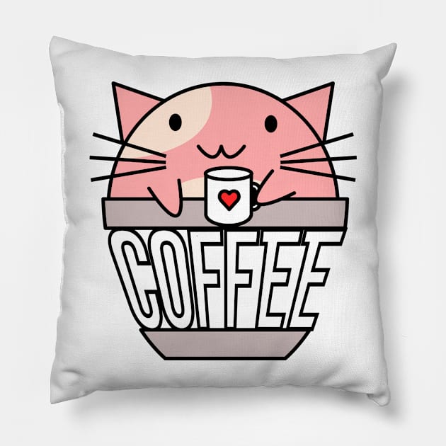 Cat in coffee cup with warped text holding coffee cup with heart pink and white Pillow by coffeewithkitty