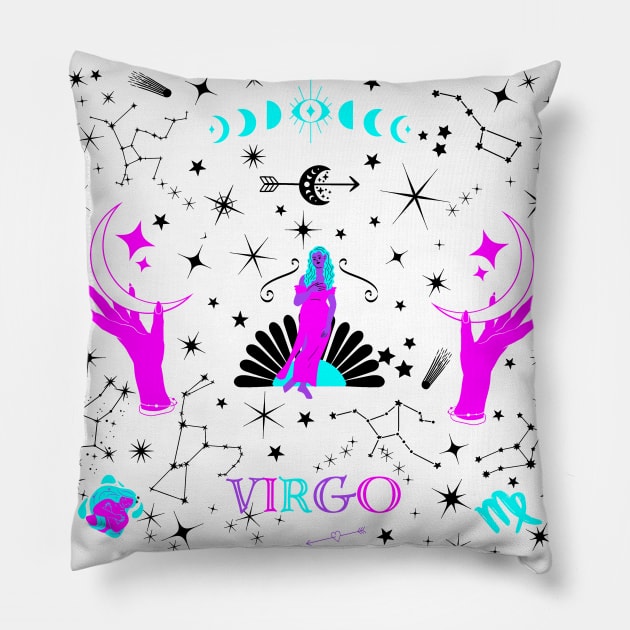 Virgo Zodiac Design Black Stars Pillow by Pink Syrup Workshop