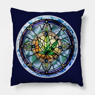 420 April 20 Cannabis leaf sacred religious stained glass blue batik Pillow