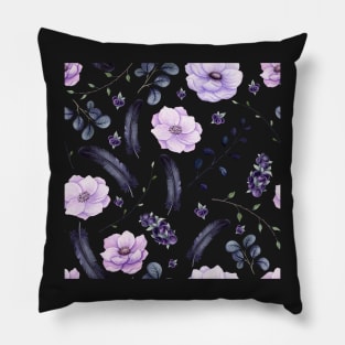 Seamless Pattern of Watercolor Dark Berries and Feathers Pillow
