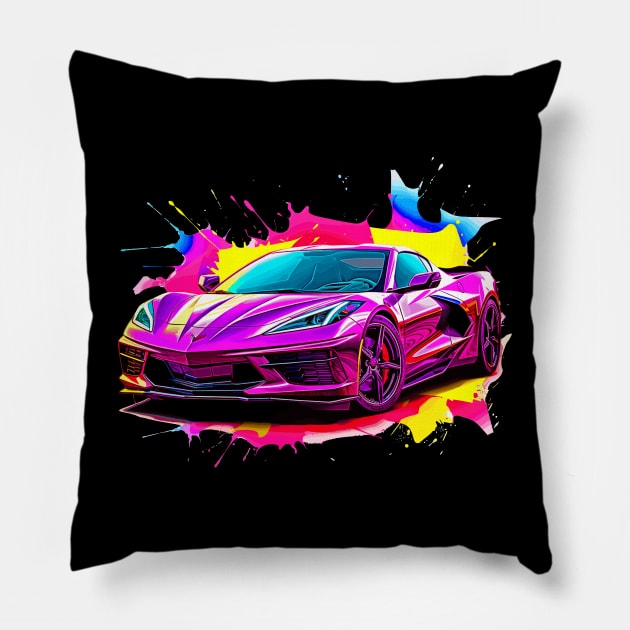 Pink C8 Corvette racecar Splatter Art Supercar Sports car Racing car Pillow by Tees 4 Thee