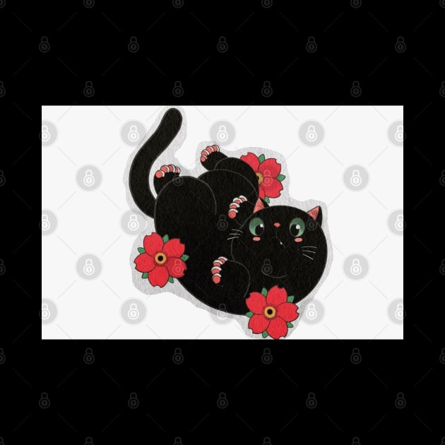 Gato negro jugando con rosas by Vekonn