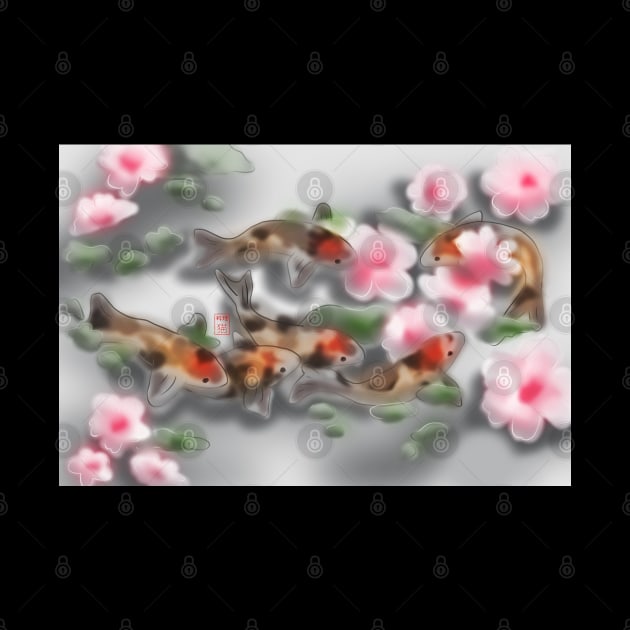 Cherry blossoms and koi carp in grey water by cuisinecat