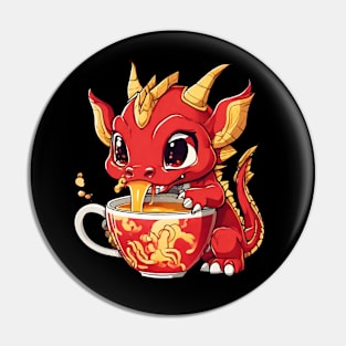 Red and Gold Dragon Sipping Tea Pin