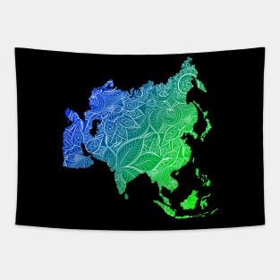 Colorful mandala art map of Asia with text in blue and green Tapestry