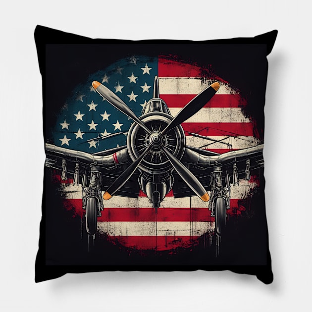 F4U Corsair WW2 airplane US Flag WWII Warbird Pillow by Storeology