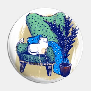 Armchair with cute white cat and white bird Pin