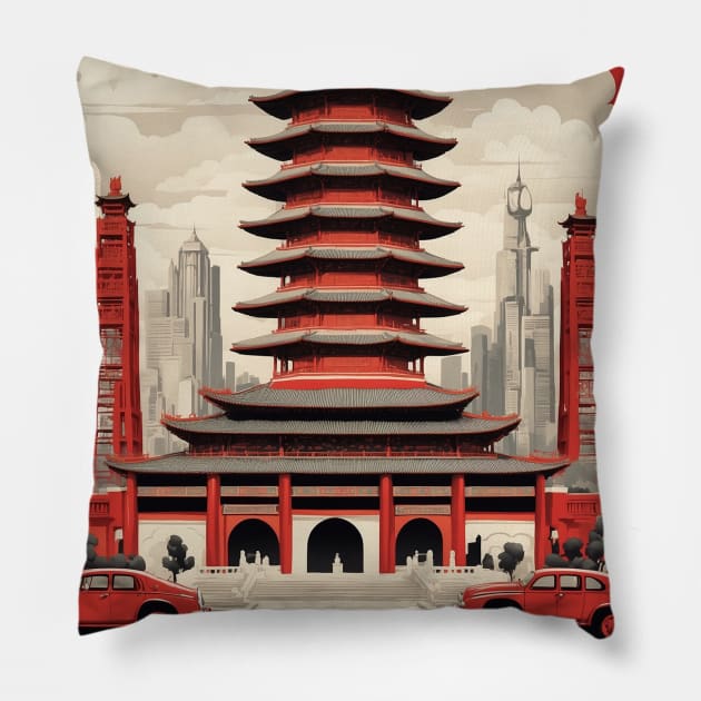 Shenyang China Vintage Poster Tourism Pillow by TravelersGems