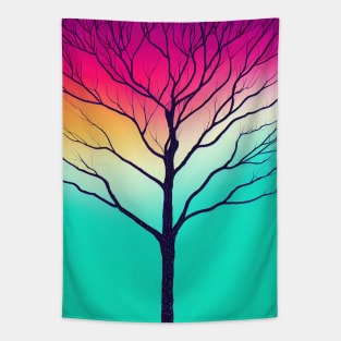 Vibrant Colored Whimsical Minimalist Lonely Tree at Dawn - Abstract Minimalist Bright Colorful Nature Poster Art of a Leafless Branches Tapestry