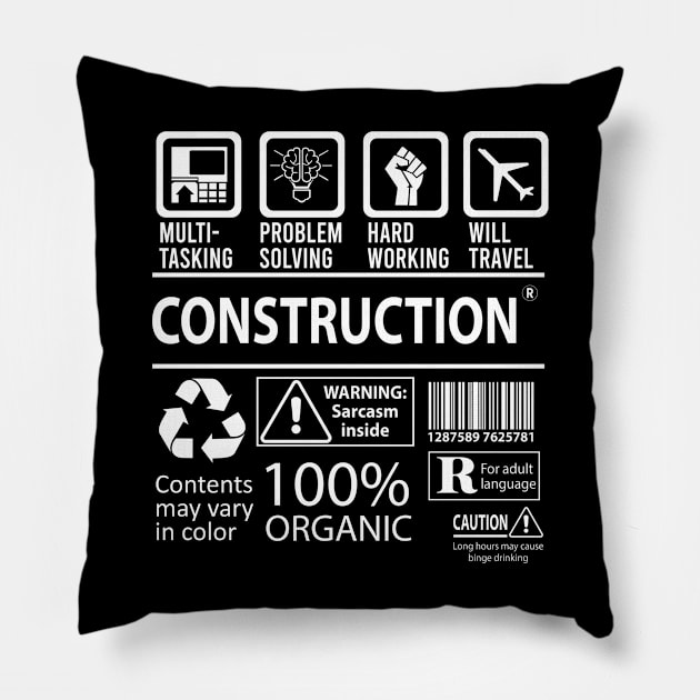 Construction T Shirt - MultiTasking Certified Job Gift Item Tee Pillow by Aquastal