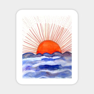 Golden Sun rising above the Ocean Watercolor Illustration Magnet