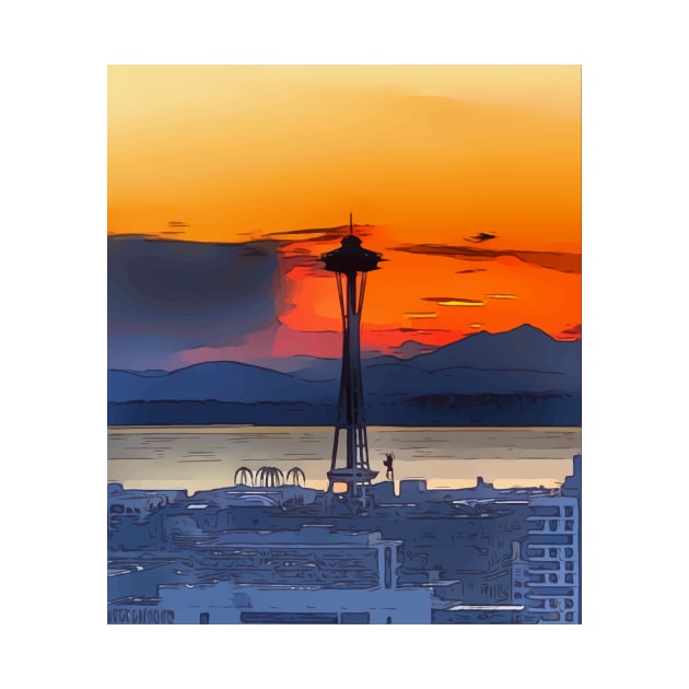 Gorgeous sunset in Seattle, with the Space Needle in the foreground by WelshDesigns