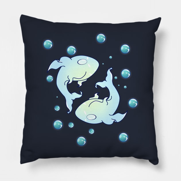 Two Kawaii Light Blue Fish with Bubbles Pillow by KawaiiForYou