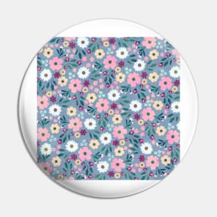 Pink Flowers Botanical Blue Design Pin