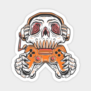 A skull gamer holding a orange joystick controller and wearing headphone. Magnet