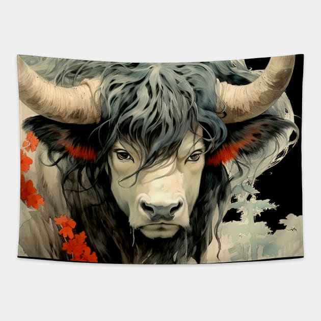 Chinese Mythology: The White Bull of Kunlun (Knock-Out with dark background) Tapestry by Puff Sumo