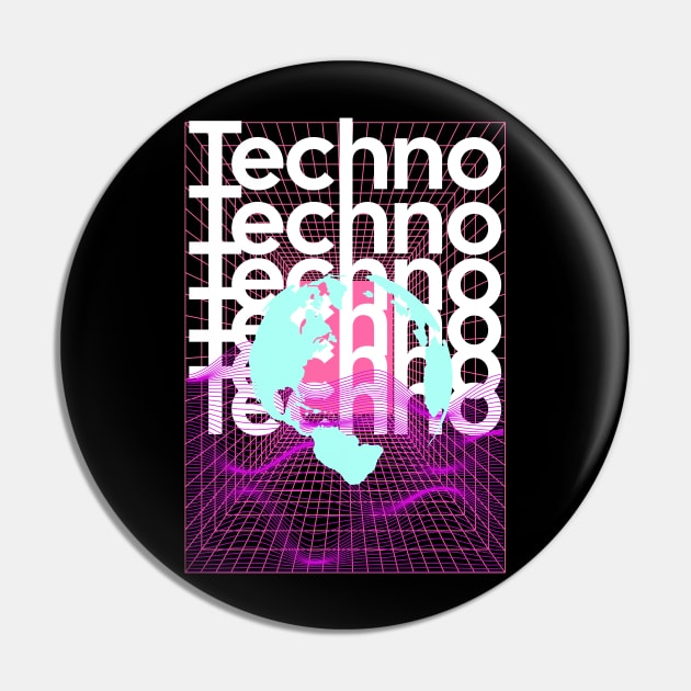 TECHNO  - Grid Globe (White/pink/blue) Pin by DISCOTHREADZ 