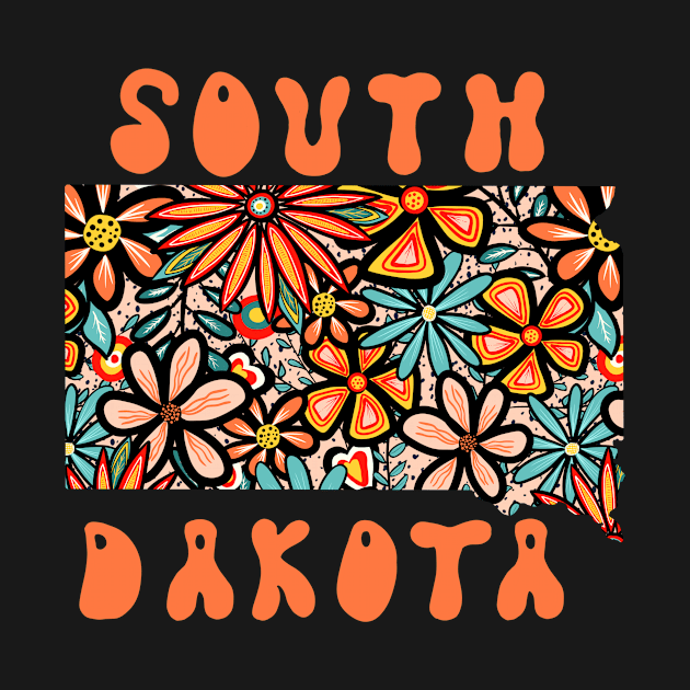 South Dakota State Design | Artist Designed Illustration Featuring South Dakota State Filled With Retro Flowers with Retro Hand-Lettering by MarcyBrennanArt