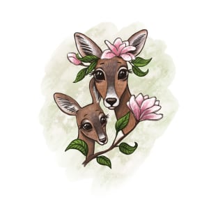 Mother deer and  fawn with magnolia T-Shirt