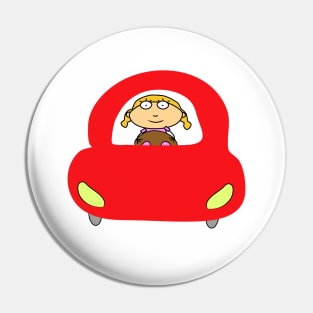 Girl driving in a red car. Interesting design, modern, interesting drawing. Hobby and interest. Concept and idea. Pin