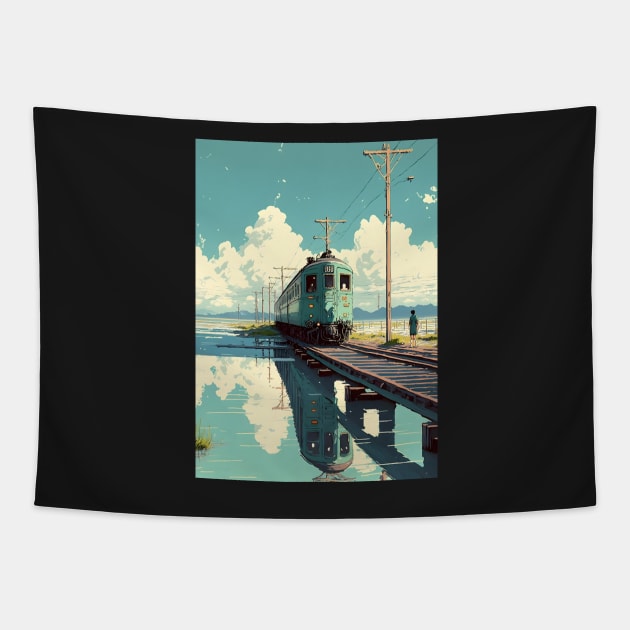 Retro Anime Style Night View Old Japanese Train Tapestry by KaPrints