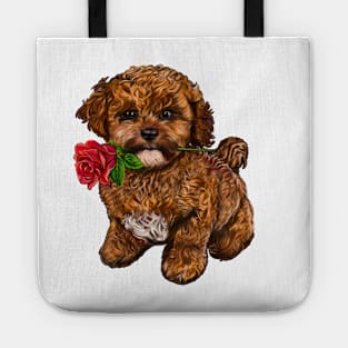 The Best Valentine’s Day Gift ideas, cavalier king charles spaniel Cute puppy dog 2 love heart sweetheart with red rose in its mouth. Cavapoochon Cavapoo dog Valentine’s Day Tote