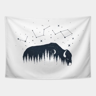 Inspirational Illustration With Buffalo, Moon, Stars And Forest In Double Exposure Style Tapestry