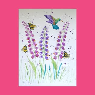 Hummingbird, bumble bee and foxglove T-Shirt