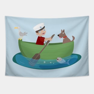 Cute boy sailor and dog rowing boat cartoon Tapestry