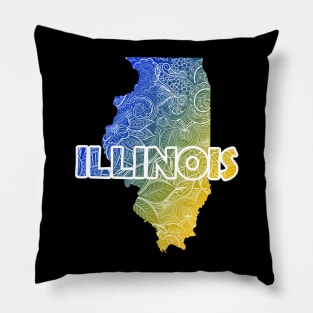 Colorful mandala art map of Illinois with text in blue and yellow Pillow