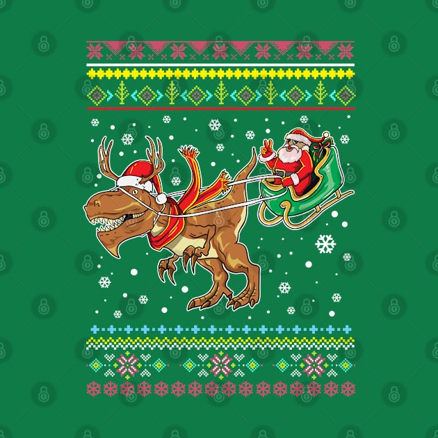 Santa Claus T Rex Reindeer Sleigh Ugly Christmas Sweater Pattern by E