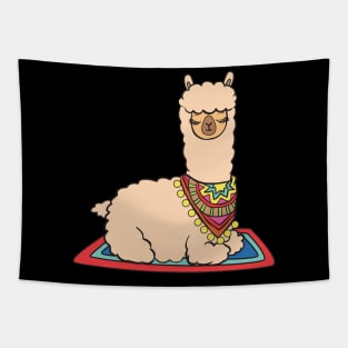 A alpaca sleeping on a carpet. Tapestry