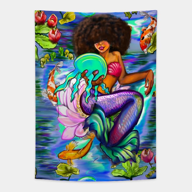 Mermaid holding a jellyfish with Koi fish in koi pond with plants and flowers black African American mermaid Tapestry by Artonmytee