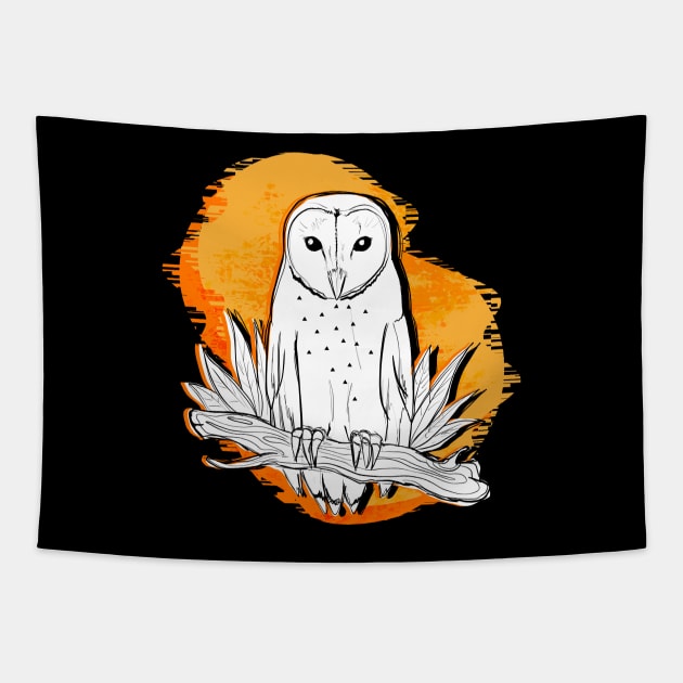 Creature of the Night - Barn Owl with Orange Background Tapestry by KimVanG