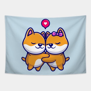 Cute Shiba Inu Couple Hugging Cartoon Tapestry