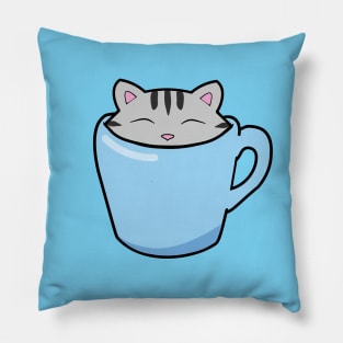 Cute tabby cat in a blue cup Pillow